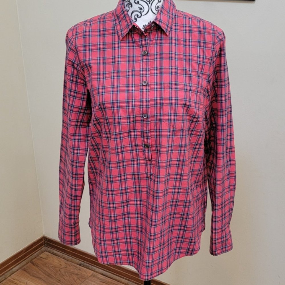J. Crew Red Tartan Plaid Long Sleeve Button Front Popover Top - Size 4
